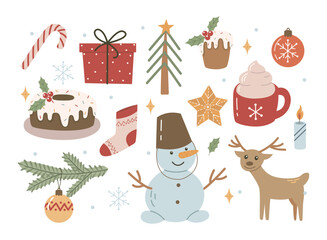 Hand drawn cute Christmas illustration set with snowman, reindeer, holiday sweets and festive elements