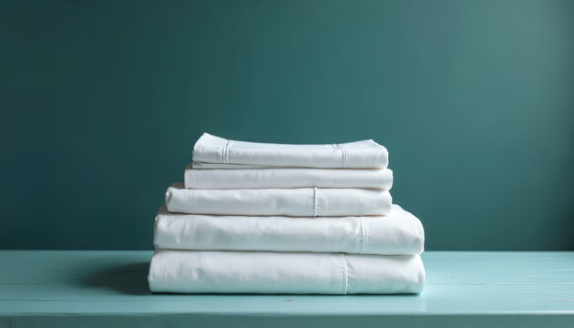 Neatly stacked white bed sheets presented on table. Clean, crisp textile likely cotton linen, ideal for home bedding, interior design, household goods. Image emphasizes comfort, quality for retail