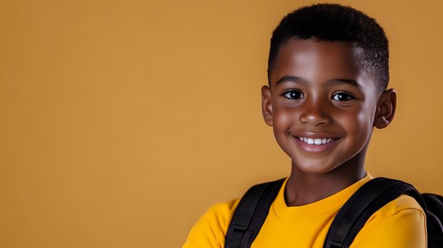 Young African American boy wearing yellow t-shirt and backpack smiling brightly against orange background, expressing joy and confidence for back to school season. - Powered by Adobe