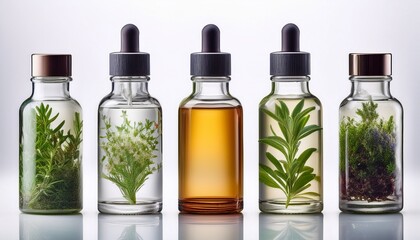 five transparent bottles with various herbs and dispensing tops showcasing natural beauty products isolated on white background ideal for cosmetic or aromatherapy advertising