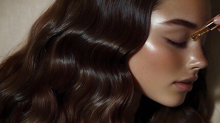 Naklejka premium Young woman with glowing skin and wavy brown hair in profile view against neutral background, gold glitter makeup detail on closed eyes. Professional beauty portrait.