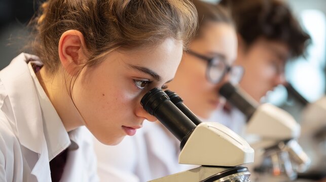 beautiful high school students with microscopes in laboratory no logos no brands ar 169