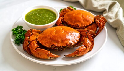 Steamed crabs with green sauce on a plate