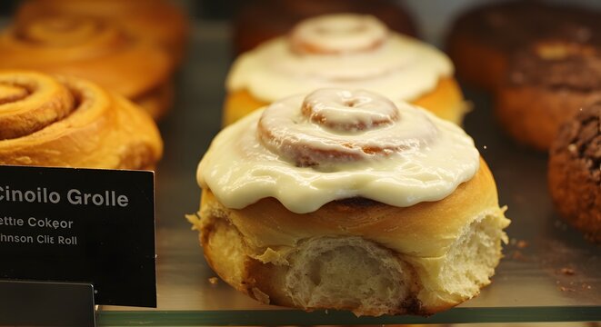 Close up of cinnamon rolls with white frosting and a sign that says cinoilo grolle in a display case