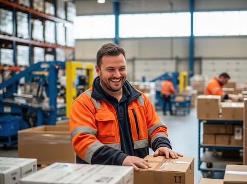 Warehouse worker in orange jacket smiles preparing boxes for shipping, showing efficiency, teamwork, and positive work environment