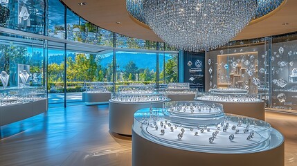 Crystal Jewelry Display at Storefront with Large Windows and Chandelier Lighting