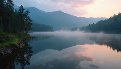 Drone view of misty lake reflecting pastel sky surrounded by rich green forest and mountains. Serene natural landscape in Western Ghats India, ideal for travel, nature, and meditation themes.