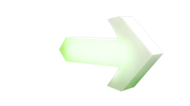 Brightly Illuminated White and Green Arrow Pointing Right, Glowing Against a Dark Green Background, Transparent Png Cutout Image for Website Design and Presentations