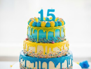 Vibrant birthday cake for fifteen year old party with bold colors orange yellow white and burning candles on festive frosted layers