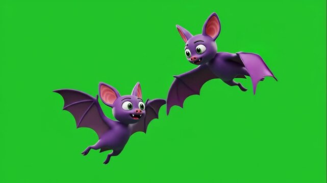 Two Cartoon Bats Circling on Green Screen - Two adorable cartoon bats playfully circle each other against a vibrant green screen background, perfect for compositing into various projects.