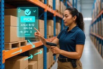warehouse worker using a scanner, digitally interacting with a holographic pick instruction display in a warehouse setting. The scene depicts a woman focused on her task.