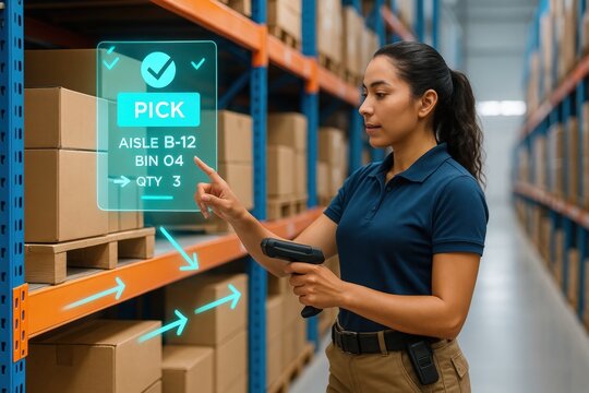 warehouse worker using a scanner, digitally interacting with a holographic pick instruction display in a warehouse setting. The scene depicts a woman focused on her task.