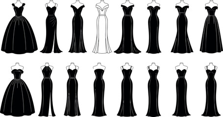 Elegant Black Evening Gown Collection on Dress Forms Featuring Diverse Silhouettes, Necklines, and Styles for Fashion Design Inspiration