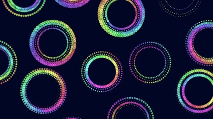 A vibrant and playful seamless pattern of colorful circles on a black background. Circles of various sizes, shades of pink, purple, blue, green, and yellow, overlap in a circular arrangement - Powered by Adobe