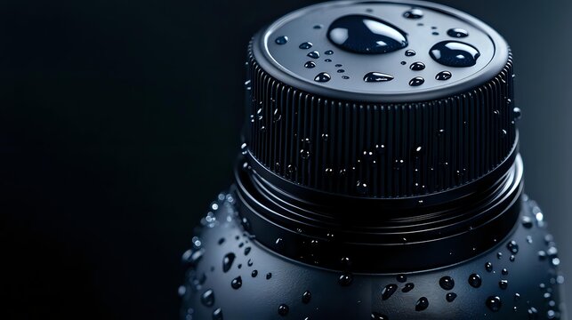 Fototapeta Macro shot of black camera lens with water droplets on surface creating dramatic lighting effect and reflections against dark background.