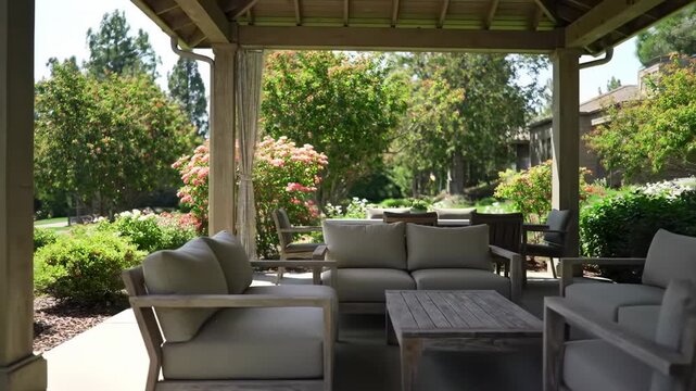 Outdoor patio furniture under a pergola
