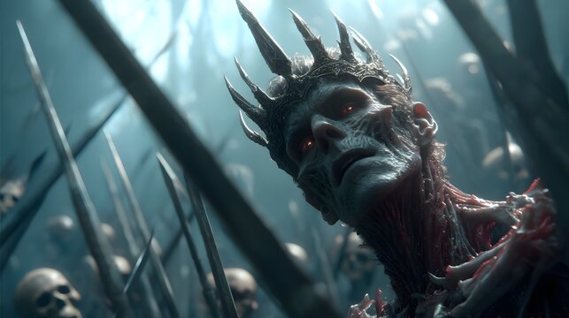 Close-up Portrait of a Sinister Lich King in Skull Crown and Armor