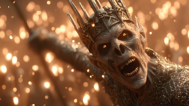 Close-up Portrait of a Sinister Lich King in Skull Crown and Armor