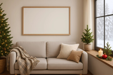 Cozy living room interior, mock-up frame, window with winter landscape, festive Christmas decor, white sofa