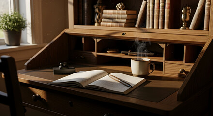 Cozy And Comfortable Desk With Steaming Hot Coffee And Books In The Morning Light