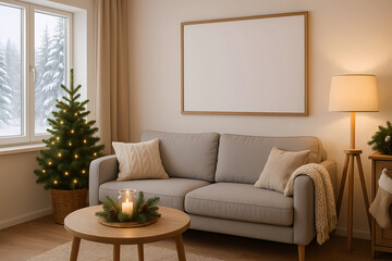 Cozy living room interior, mock-up frame, window with winter landscape, festive Christmas decor, white sofa