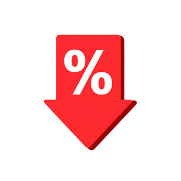 3d illustration of red arrow with percentage sign pointing down, isolated on transparent background