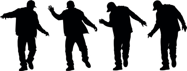 Hip Hop Dance Silhouette Set of Urban Street Dancer Poses in Motion with Cap and Jacket on White Background