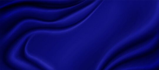 Obraz premium Luxury navy silk drapery background. Realistic satin fabric folds. Smooth velvet curtain texture. Elegant abstract cloth design for horizontal banner