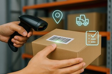 An individual uses a barcode scanner to check a box in a distribution center. It provides a visual presentation of the modern world of shipping and logistics.