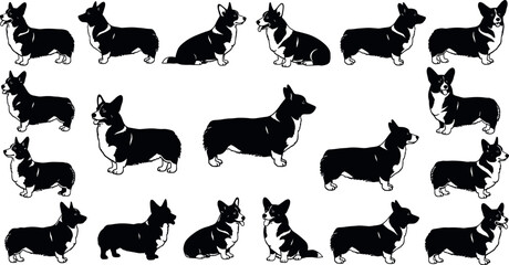 Seamless Pattern of Cute Corgi Dogs in Black and White Style, Perfect for Pet-Themed Design, Wallpaper, and Textile Prints