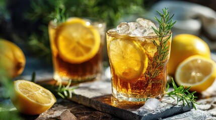 iced lemonade or lemon cocktail takeaway iced tea portion on the table for healthy meal snack outdoor top view copy space for text food background rustic image keto or paleo diet no logos no brands a