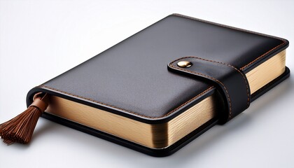 luxurious black leatherbound journal with brown cord closure detailed stitching and a bookmark isolated on white background highresolution product photography