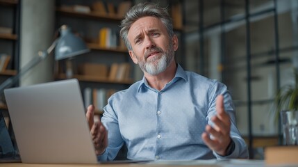 mature business man executive coach talking using laptop computer having video conference call virtual meeting professional training negotiation remote working doing online presentation in office no 