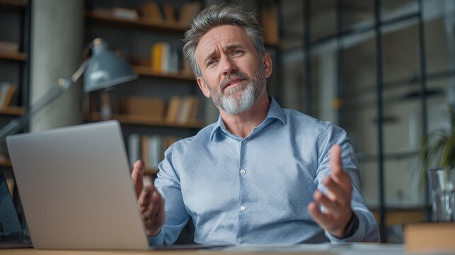 mature business man executive coach talking using laptop computer having video conference call virtual meeting professional training negotiation remote working doing online presentation in office no