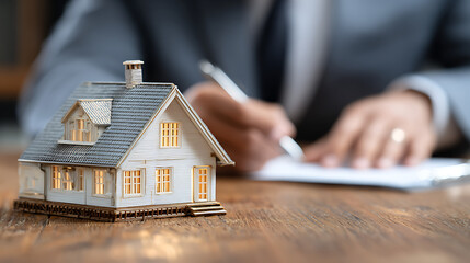 real estate broker mortgage advisor reviewing housing rates with house model financial consultant discussing property ownership home loan agreement and investment strategy