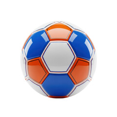 Obraz premium A cutting-edge, perfectly spherical, high-gloss futuristic soccer ball with electric blue and orange geometric panels, on a transparent background, concept of advanced athletic technology