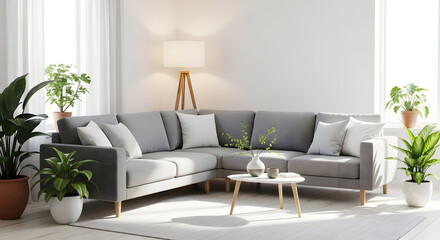 Cozy and Modern Living Room Interior Design with Plant Decor and Natural Daylight