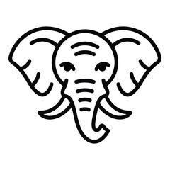 Outline style elephant head illustration with big ears and long tusks in black and white art silhouette