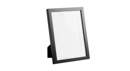 An empty, sleek, modern matte black anodized aluminum picture frame on a transparent high-key studio background with sharp shadow and copy space, concept of minimalist design and content display