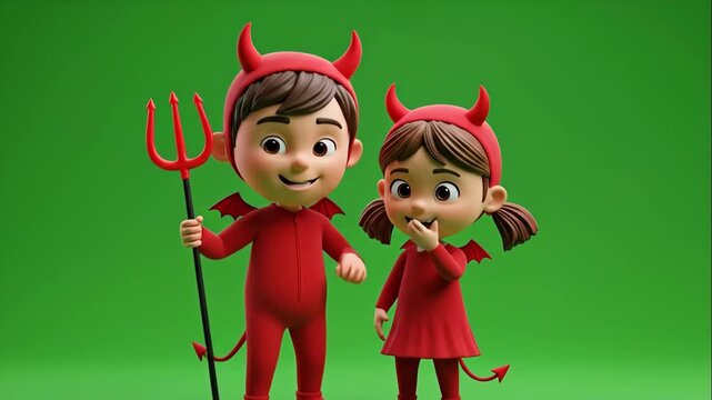 Cartoon Devil Children Green Screen - Two adorable cartoon children, a boy and a girl, dressed in red devil costumes with horns and tails, stand against a green screen background.