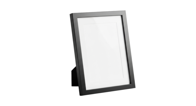 An empty, sleek, modern matte black anodized aluminum picture frame on a transparent high-key studio background with sharp shadow and copy space, concept of minimalist design and content display