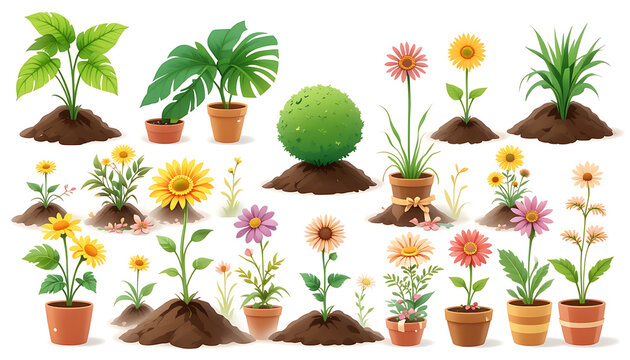 Collection of illustrated plants and flowers for gardening design