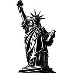 Obraz premium Statue of Liberty black and white illustration with torch and tablet New York America