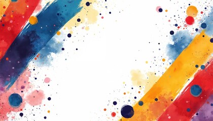 Vibrant watercolor splashes frame for greeting cards invitations, banners. Dynamic design with red, blue, yellow, orange brushstrokes, scattered dots. Modern artistic background for creative projects.