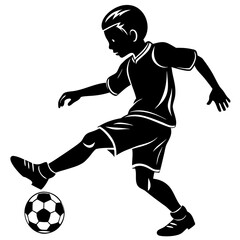 Naklejka premium Silhouette of a young boy kicking a soccer ball on a white background child