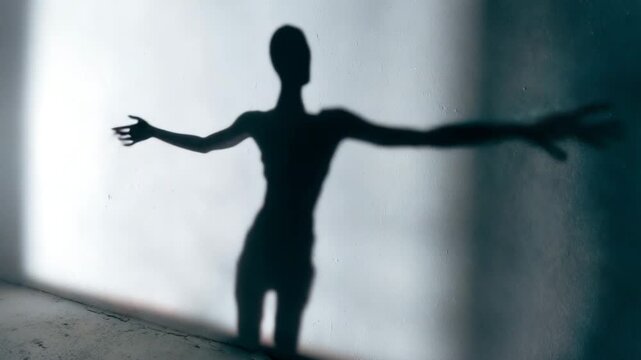 The shadow of a mystical creature moves along a white wall in the dark. A humanoid shadow dances on the wall, creating a sense of fear.