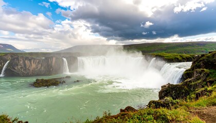Fototapeta premium Majestic waterfalls cascade into a tranquil river