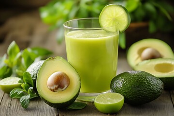 Fresh Avocado Juice in Glass, Lime Slice Garnish, Half Avocado on Wooden Table