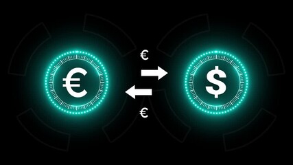 Mid adult woman using translucent HUD showing euro and dollar and animating finance exchange arrows, neon line on a black background. Motion graphics of percent concept. - Powered by Adobe