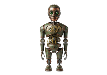 Deactivated Victorian clockwork automaton, brass gears, tarnished copper, emerald eyes, on transparent studio background with copy space, concept of forgotten ingenuity
